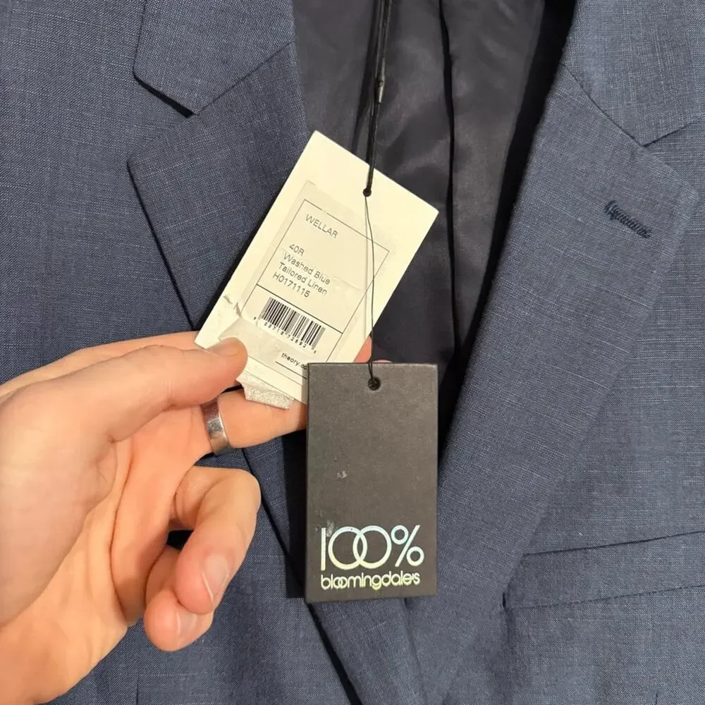 Theory NWT Wellar Washed Blue Tailored Linen Blend Blazer Size 40R